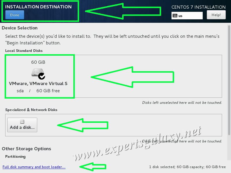 CentOS Linux Device Selection Screen