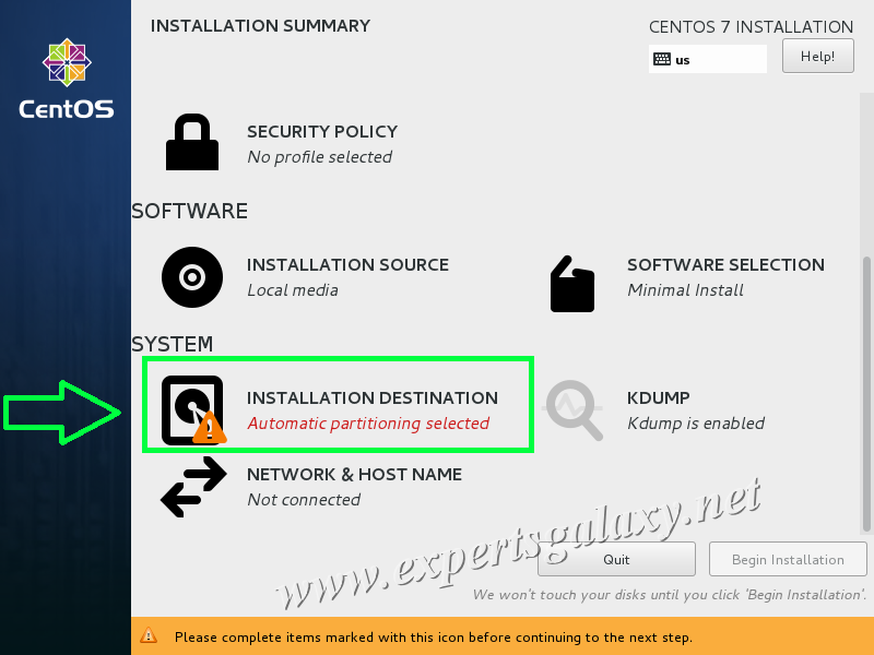 CentOS Linux Installation Summary