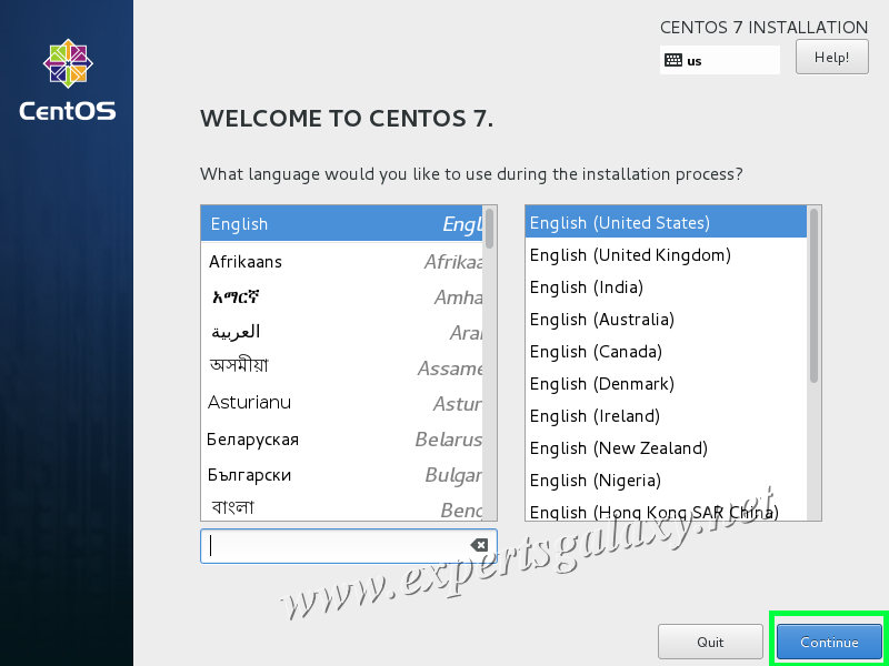 CentOS Linux Language Selection Screen