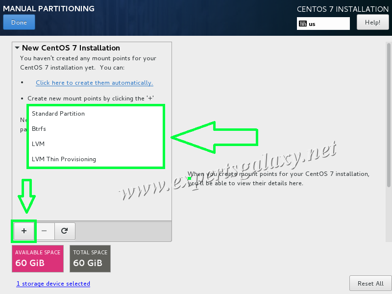 CentOS Manual Partitioning Screen